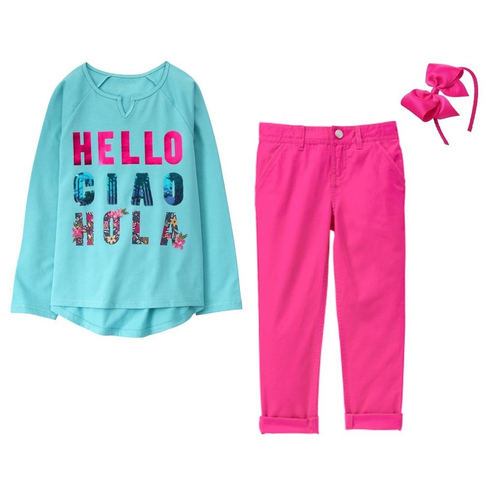 NEW Gymboree READY JET GO 3pc Set HELLO Tee, Pink Twill Pants, Headband